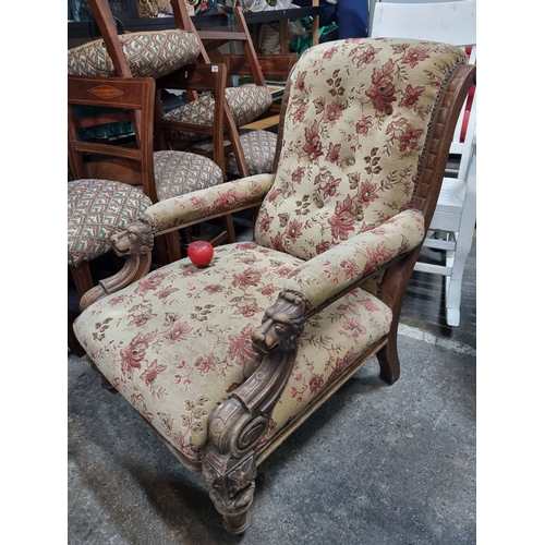 1005 - Star Lot : Lovely antique armchair with floral upholstery and wonderfully  carved lion mask hand res... 