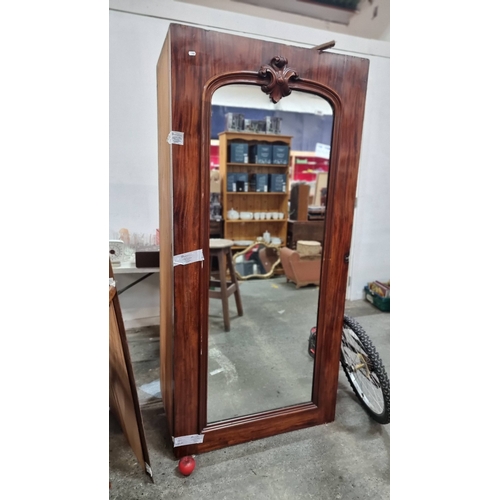 968 - Elegant Victorian  mahogany-framed Wardrobe with mirrored door with florid crest detail, reflecting ... 