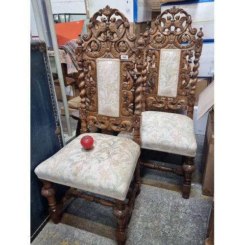 995 - Star Lot : Ornate carved oak chairs, With Bird crests to the top and barley twist pillars these are ... 