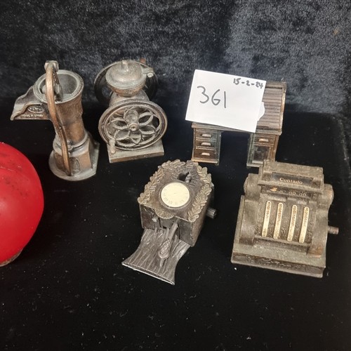 361 - A charming set of 5 collectable cast metal pencil sharpeners in articulated forms of water pump, cuc... 