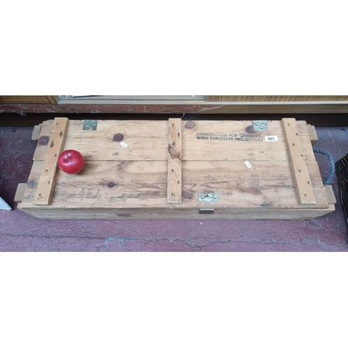 483 - A large wooden ammunition case. Marked 