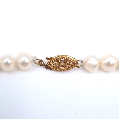 525 - A double row natural fresh water pearl necklace set with 9K gold clasp, boxed.