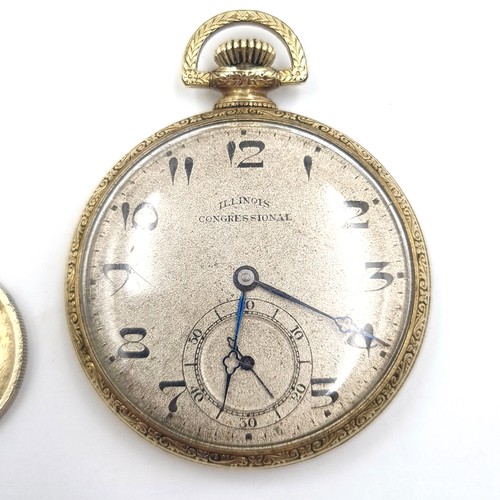 531 - A gold metal toned, Illinois congretional top windpocketwatch with Arabic dial with subsidiary secon... 