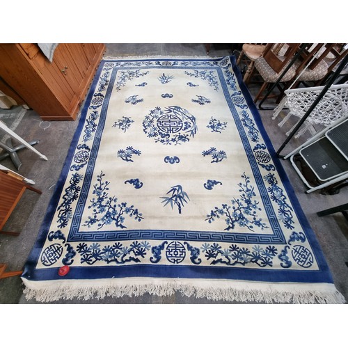 993 - Star Lot: A marvelous thick pile hand knotted woolen rug in a breathtaking blue and white Chinese pa... 