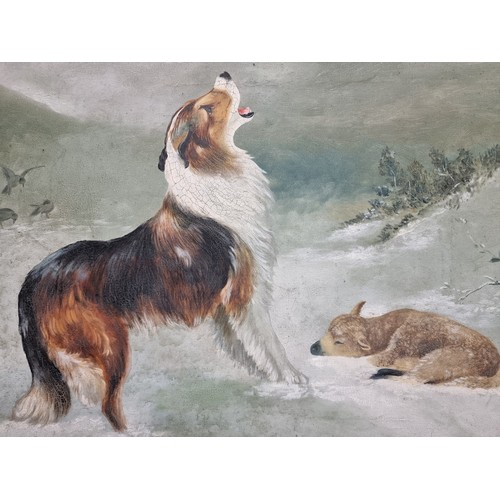 94 - An evocative and large original oil on canvas painting featuring a howling dog with a little lamb al... 