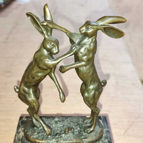 168 - Star Lot : A gorgeous heavy bronze sculpture of two dueling hares. Signed J.B Deposee Paris. Sat on ... 