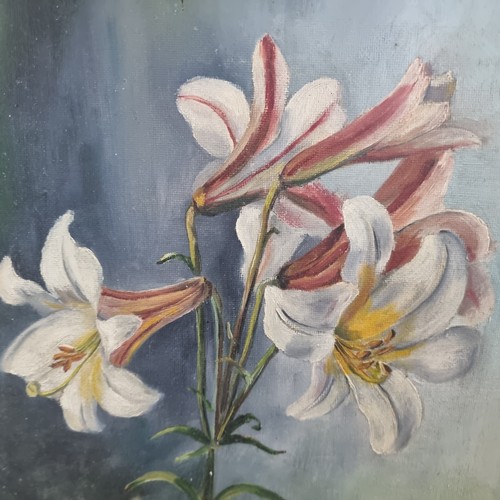 960 - Star Lot : A delightful large original oil on board painting featuring a study of lilies rendered in... 