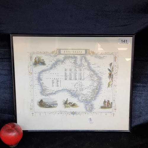 141 - A highly detailed print of a map of Australia housed in a smart dark navy frame.