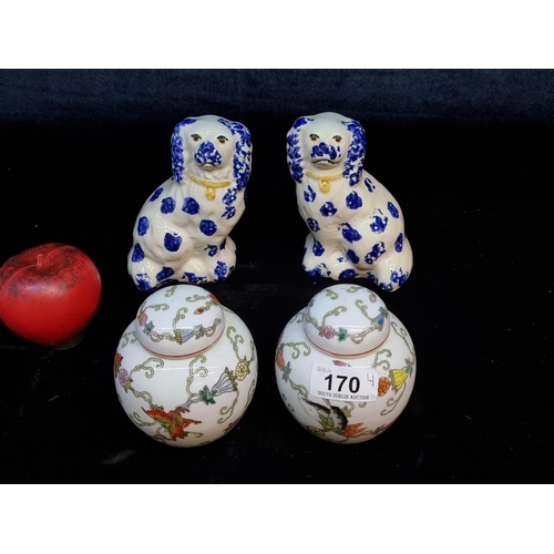 170 - Four items including a pair of Irish made Wally dogs and two Chinese lidded jars.