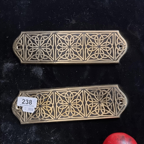 238 - A pair of heavy brass finger plates featuring an interlace pattern.