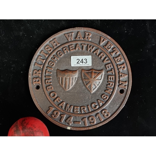 243 - A very heavy cast metal commemorative wall plaque for World War I.