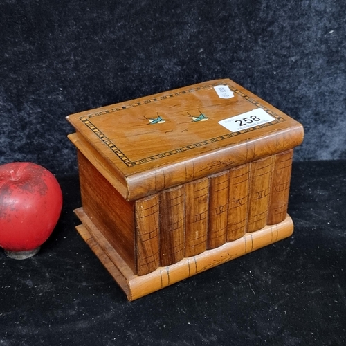 258 - A charming vintage puzzle box in the form of a book featuring inlay and blue birds.