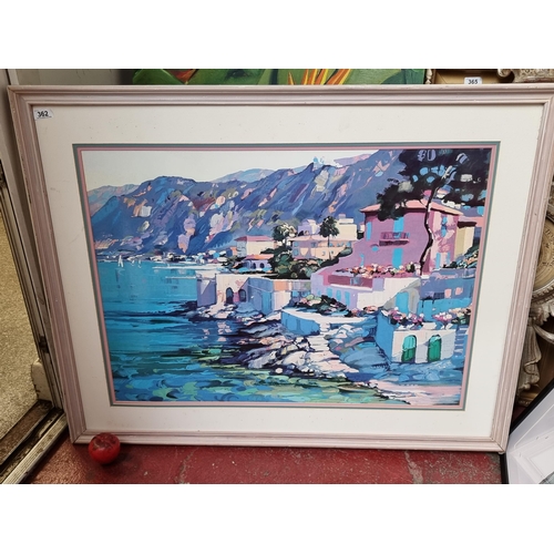 362 - A very large high quality print of a colourful Mediterranean coastal scene. From a painting original... 