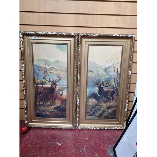 Star Lot: A stunning pair of early 20th century oil on canvas paintings. Both featuring majestic stags in mountainous scenes. Housed in matching molded gilt frames.
From a large private collection.