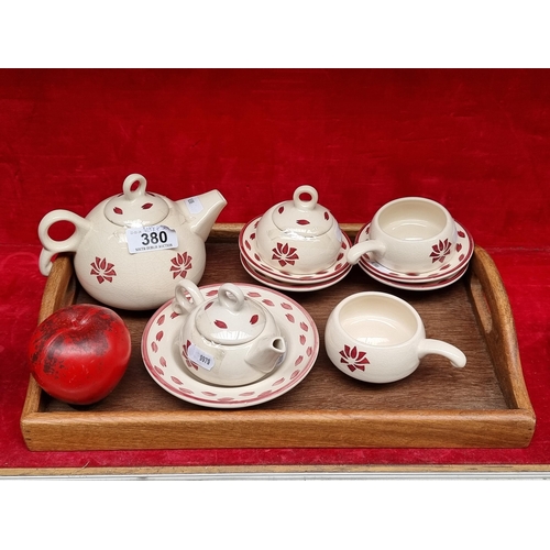 380 - A very sweet hand painted tea set with wooden serving tray.