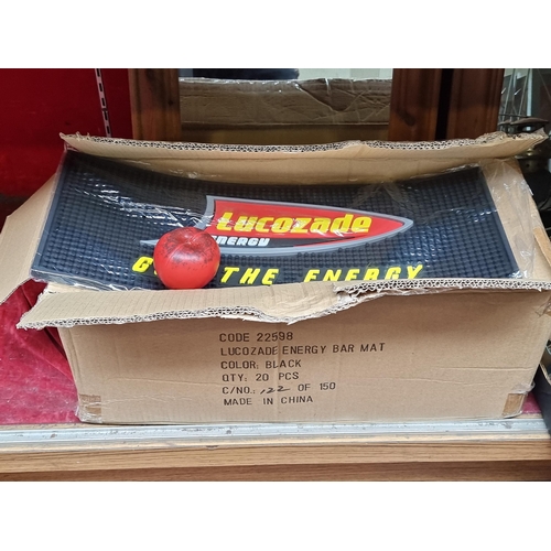 385 - A box of brand new and unopened (Approx 20) Lucozade branded rubber bar beer mats.