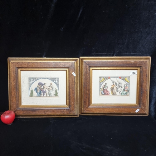 62 - A pair of vintage hand painted plate etchings, one titled 