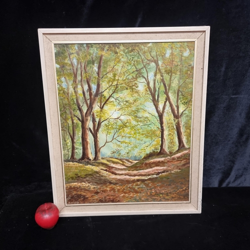 66 - A vintage mid century original oil on board painting featuring a forested landscape scene rendered i... 