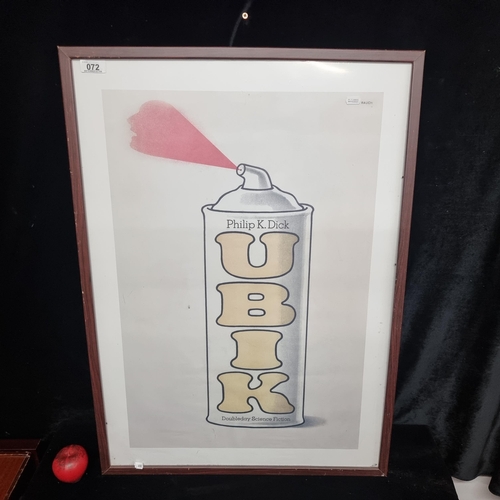 72 - A large framed poster featuring the book cover for Ubik by Philip K. Dick, published in 1969. Design... 