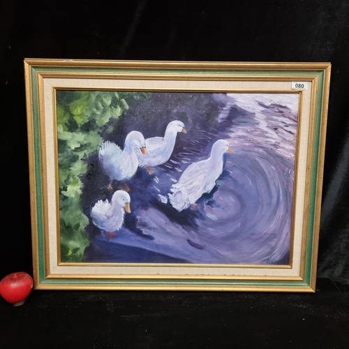 80 - A charming original oil on canvas painting featuring a family of geese embarking on an evening paddl... 