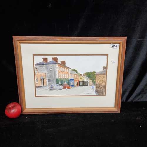 94 - A charming original watercolor painting showing a street scene with colourful shop fronts. Signed in... 