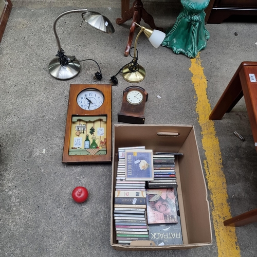 A Misc box with Two desks lamps a wall clock and Edwardian Mantle clock with a nibble  and a selection of Cds inc Elton John, Ella Fitzderald and the rat pack.