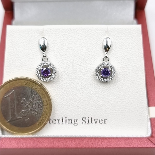 585 - A super pair of amethyst stone drop earrings set with gem stone mount with butterfly backs. Old new ... 