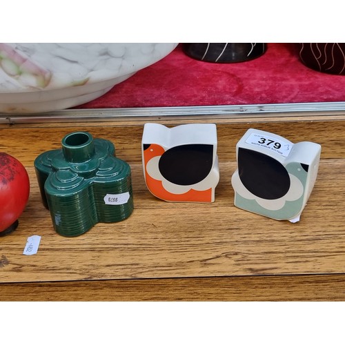 379 - A trio of designer Orla Kiely ceramic items including her 'Frilly Chicken' salt and pepper set RRP: ... 