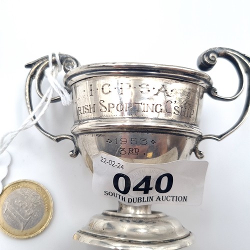 40 - A silver trophy inscribed I.C.P.S.A Irish sporting championship 1953. Purchased from Wests & Sons. D... 