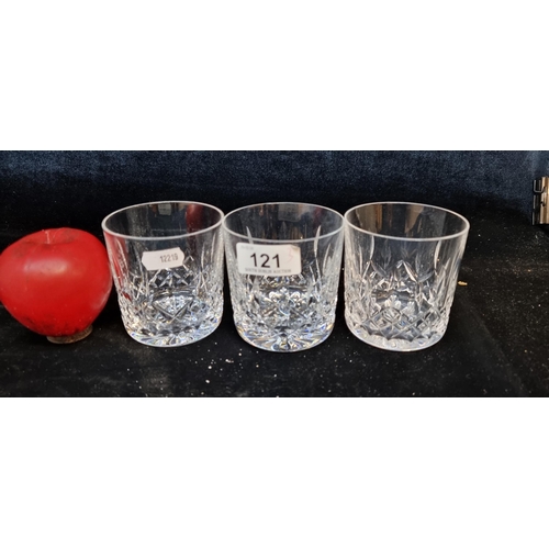 121 - A stunning set of 3 Waterford Crystal whiskey tumblers / glasses in the Lismore pattern. In very goo... 