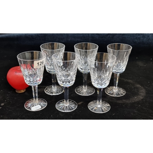 126 - A wonderful set of six Waterford Crystal stemmed wine glasses in the Lismore pattern. All in good co... 