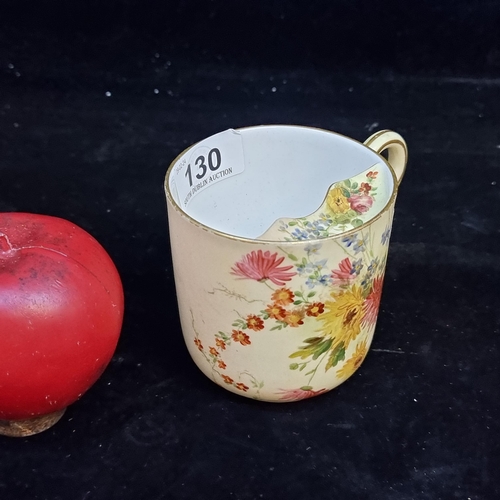 130 - A Royal Worcester fine porcelain Blush Ivory moustache  cup with beautiful hand painted floral and g... 