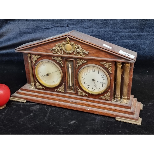 136 - A handsome architectural antique Victorian mantle clock and barometer. In wooden oak case with brass... 