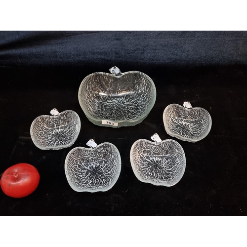 163 - A stunning set of five frosted glass serving bowls in the form of apples. One large serving bowl and... 