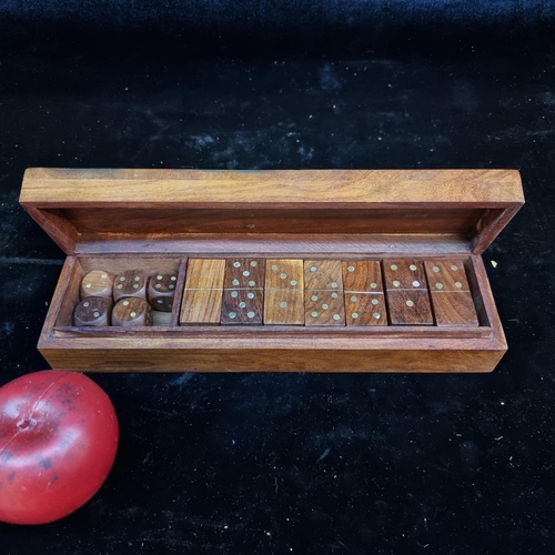 199 - A vintage handmade wooden dominoes and dice game box set with brass detailing. This game is brought ... 