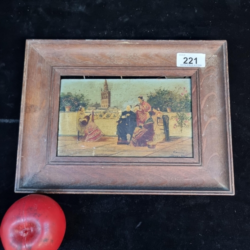 221 - A beautiful 19th century Spanish oil on board painting featuring a musician and small audience. Sign... 