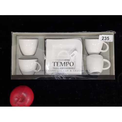 235 - An elegant , brand new, boxed fine porcelain four piece espresso cup and saucer set by Tempo for Dun... 