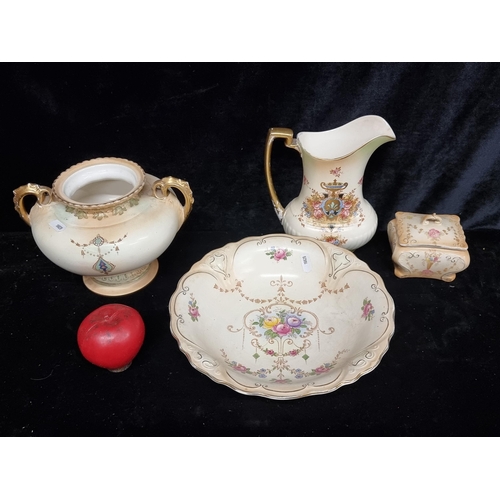 257 - Four marvelous pieces of hand painted English blush pottery including a Crown Devon water pitcher an... 