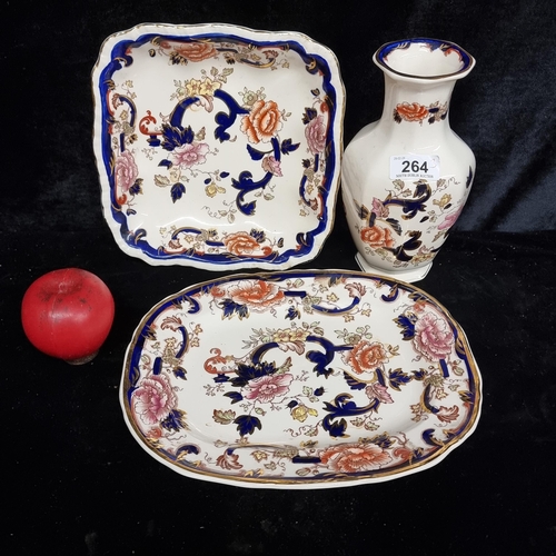 264 - Three vintage pieces of Mason's Ironstone all in the Blue Mandelay pattern including a vase and serv... 