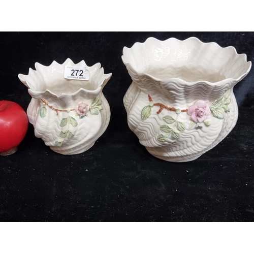 272 - Two gorgeous matching Belleek flower pots / vases with scalloped rim and hand painted floral design ... 