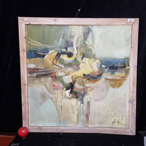 74 - Star Lot: A dynamic original large oil on canvas painting showing a gestural composition of sweeping... 