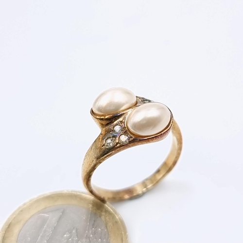 An attractive hand crafted Majorca pearl gold ring. Marks indistinct. Ring size - P. Total weight is 4.29 grams. Boxed. RRP €230 needs a clean but pretty ring.