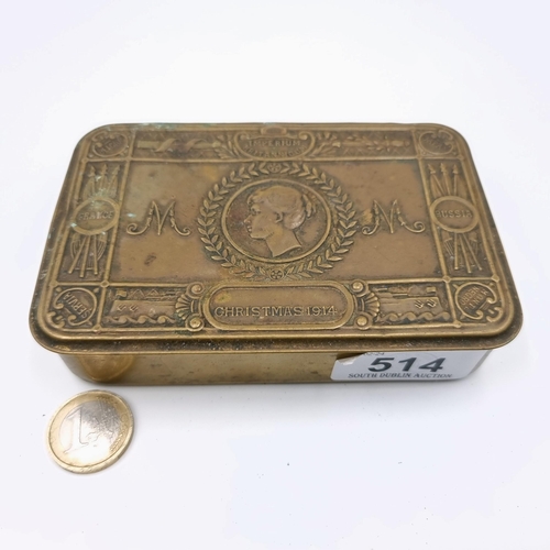 514 - A rare 1914 Princess Mary Christmas tin.  Sent to the war front (Great War) . Dimensions 13 x 3 x 8 ... 