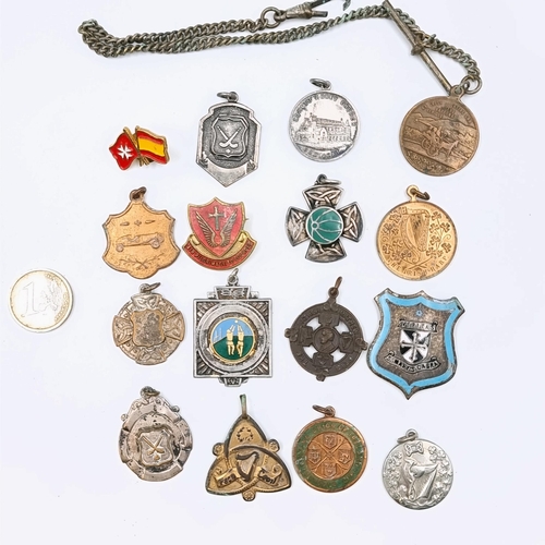 522 - A collection of medallions together with a fob and chain. Items as photographed.