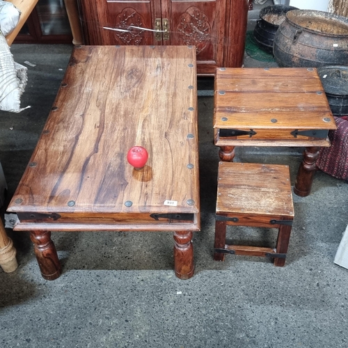 931 - A trio of vintage solid wooden tables, sturdy craftsmanship with wrought iron fasteners and stud det... 