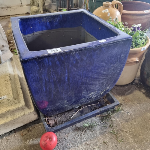 954 - A very large square blue glazed planter, ideal for adding character to any outdoor space. Pot Is in ... 