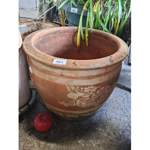 961 - An intricate terracotta planter, etched with a traditional dragon motif.