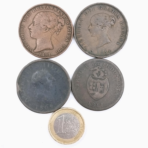 525 - A collection of four copper coins dated 1806, 1811, 1851 and 1854.