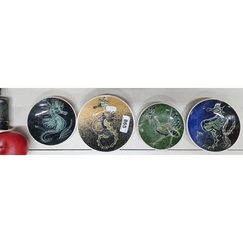 865 - Four vibrant pieces of Allen Bay pottery in beautiful dynamic tones and seahorse and bird motifs. Lo... 