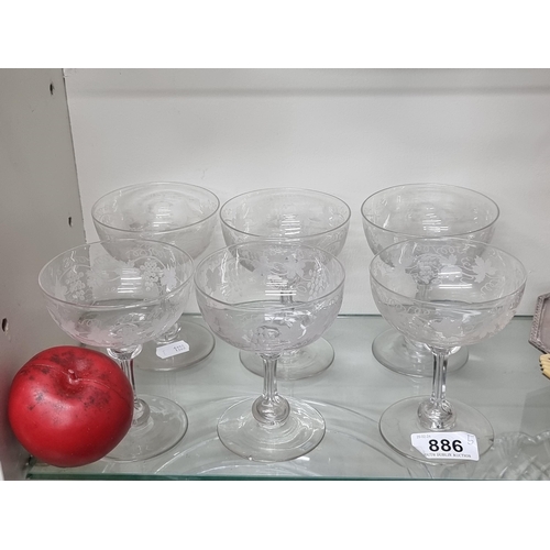 886 - A beautiful vintage set of 6 hand blown champagne coups. Featuring etched grape & vine detailing to ... 